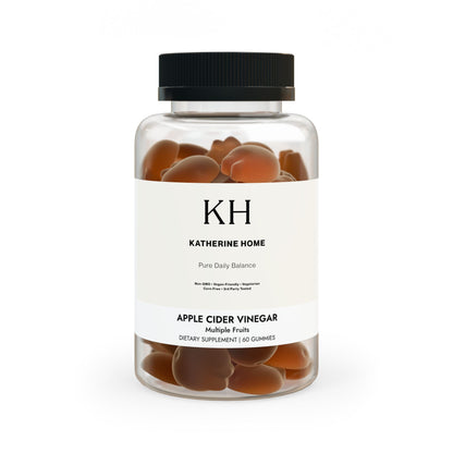 Katherine Home Apple Cider Vinegar Gummies front view, vegan gummy supplement in clear bottle with minimalist white label.