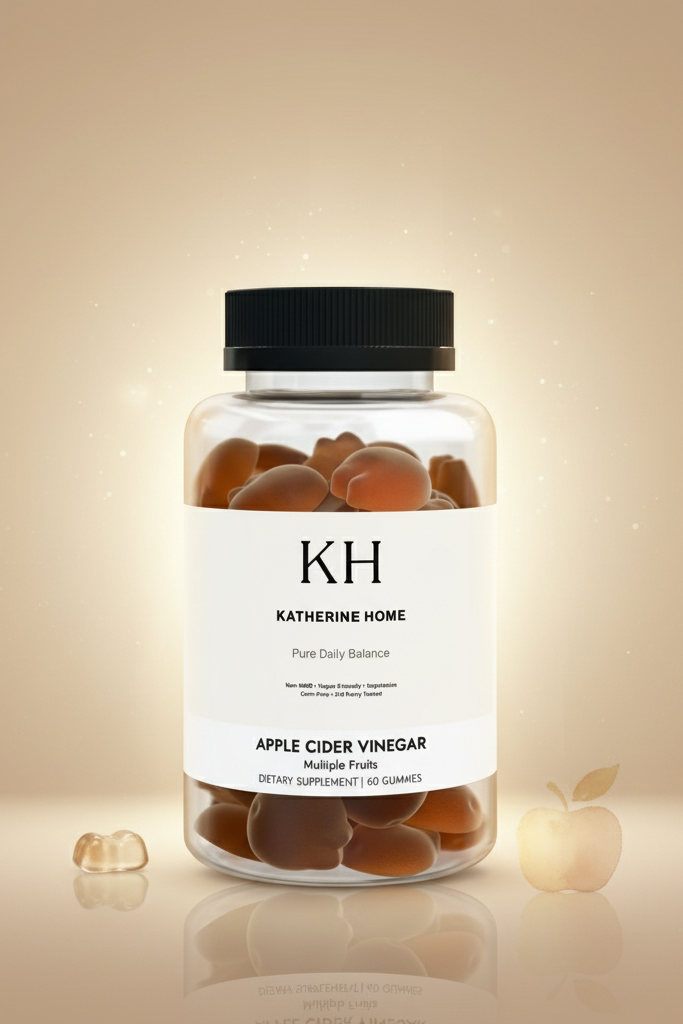 Jar of apple cider vinegar gummies with 'KH Katherine Home' label on a beige background