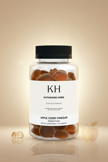 Jar of apple cider vinegar gummies with 'KH Katherine Home' label on a beige background