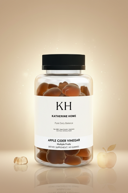 Jar of apple cider vinegar gummies with 'KH Katherine Home' label on a beige background