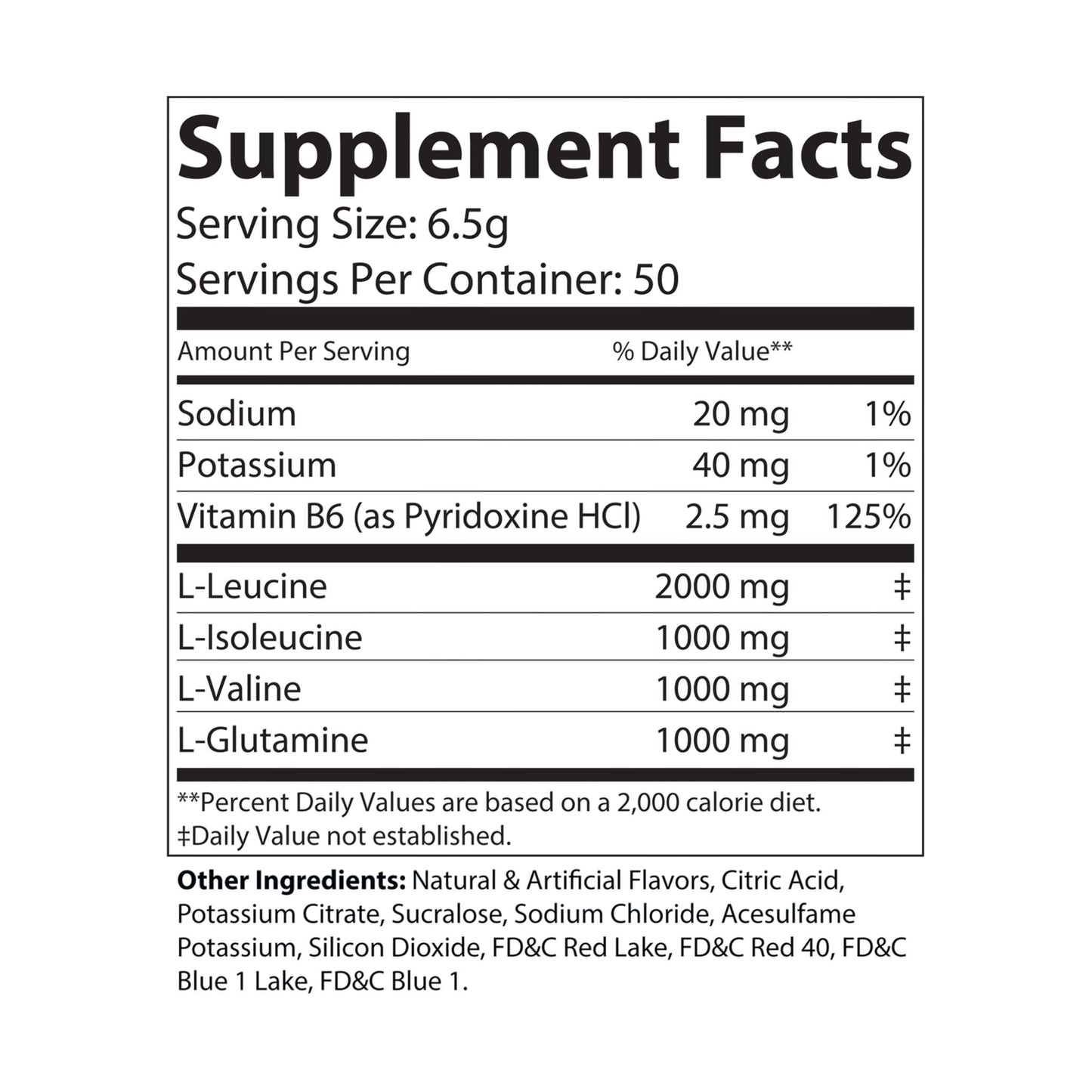 Supplement Facts label for Katherine Home BCAA Grape showing Vitamin B6 and amino acids L-Leucine, L-Isoleucine, L-Valine, and L-Glutamine in 2:1:1 ratio.