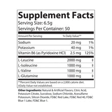Supplement Facts label for Katherine Home BCAA Grape showing Vitamin B6 and amino acids L-Leucine, L-Isoleucine, L-Valine, and L-Glutamine in 2:1:1 ratio.