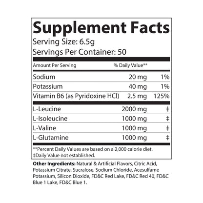 Supplement Facts label for Katherine Home BCAA Grape showing Vitamin B6 and amino acids L-Leucine, L-Isoleucine, L-Valine, and L-Glutamine in 2:1:1 ratio.