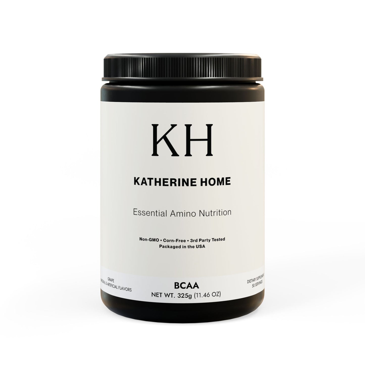 Katherine Home BCAA Supplement in Grape flavor featuring a minimalist black-and-white label design on a matte black container.