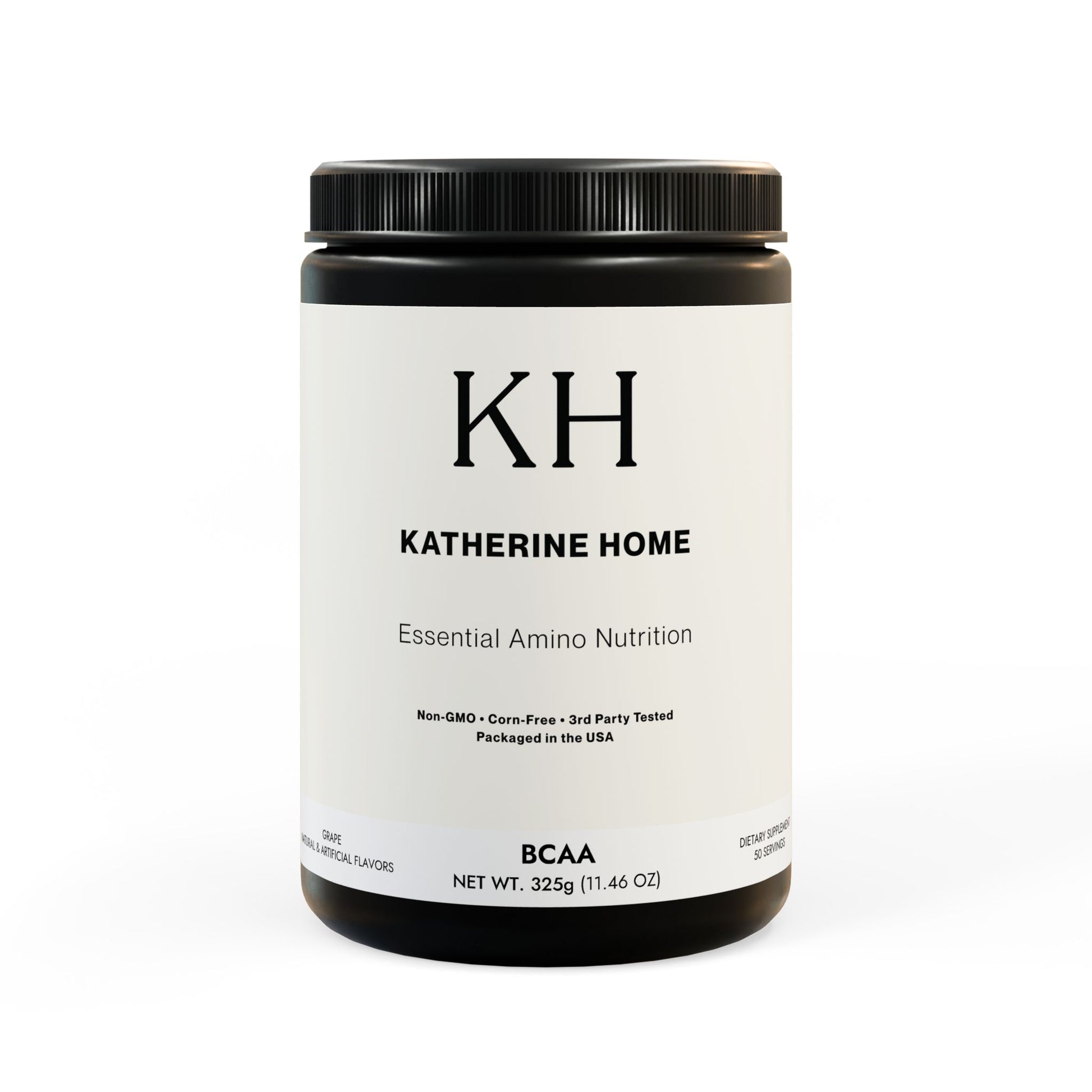 Katherine Home BCAA Supplement in Grape flavor featuring a minimalist black-and-white label design on a matte black container.