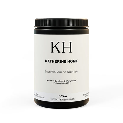 Katherine Home BCAA Supplement in Grape flavor featuring a minimalist black-and-white label design on a matte black container.