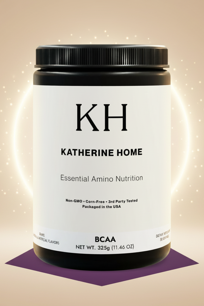 Katherine Home BCAA supplement container on a beige background