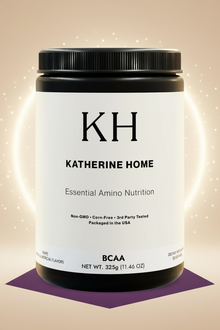 Katherine Home BCAA supplement container on a beige background