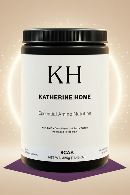 Katherine Home BCAA supplement container on a beige background