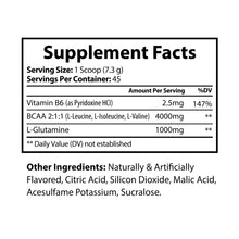 Supplement Facts label for Katherine Home BCAA Supplement showing Vitamin B6, BCAA 2:1:1 ratio blend with L-Leucine, L-Isoleucine, L-Valine, and L-Glutamine.