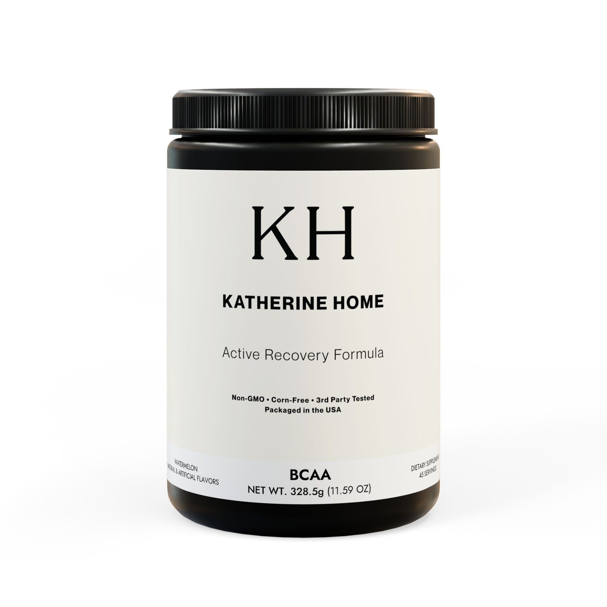 Katherine Home BCAA Supplement in refreshing Watermelon flavor with minimalist label design on a matte black container.