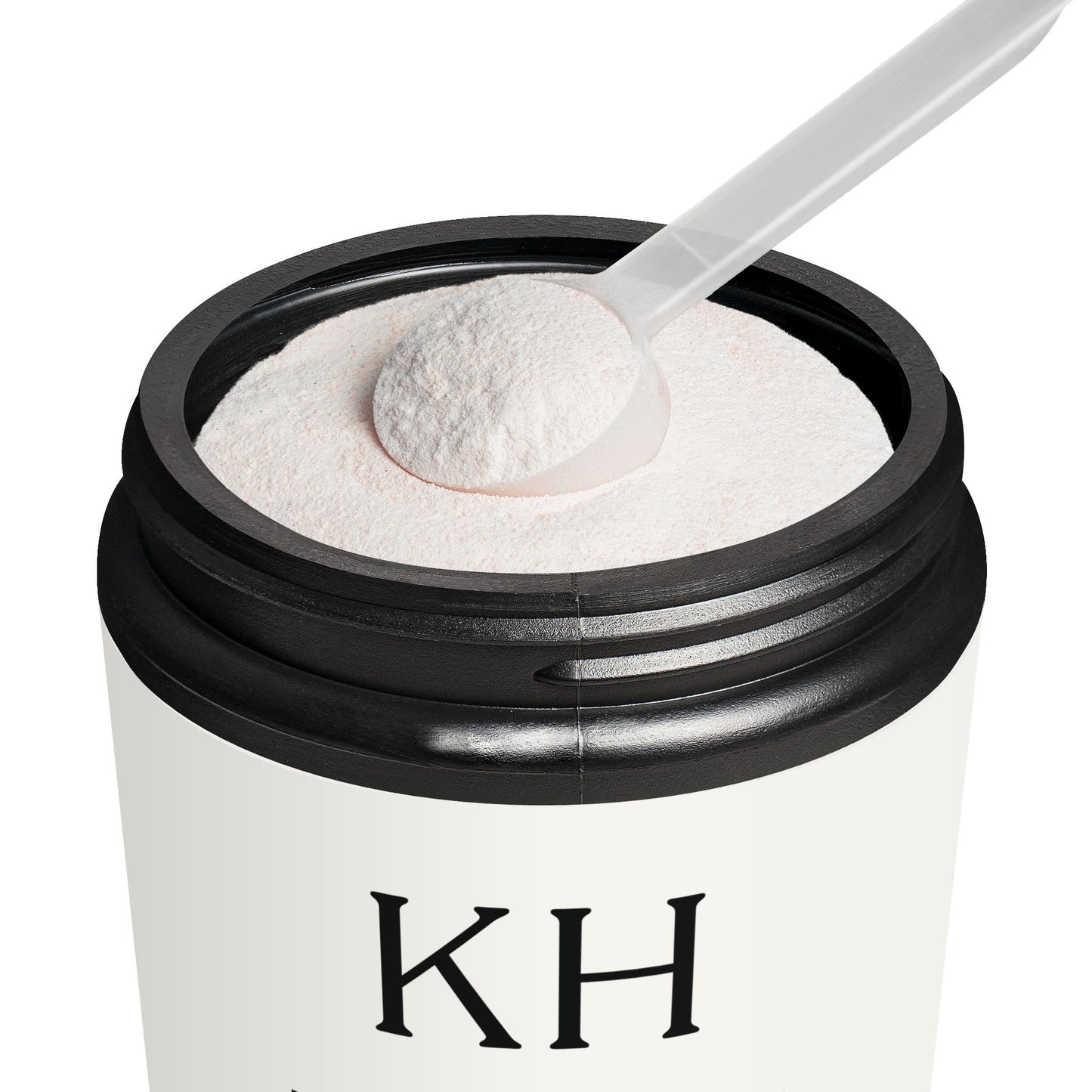 Open jar of Katherine Home BCAA Watermelon showing pinkish powder and measuring scoop inside matte black container.