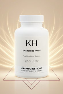 White supplement bottle labeled 'KH Katherine Home' on a beige background