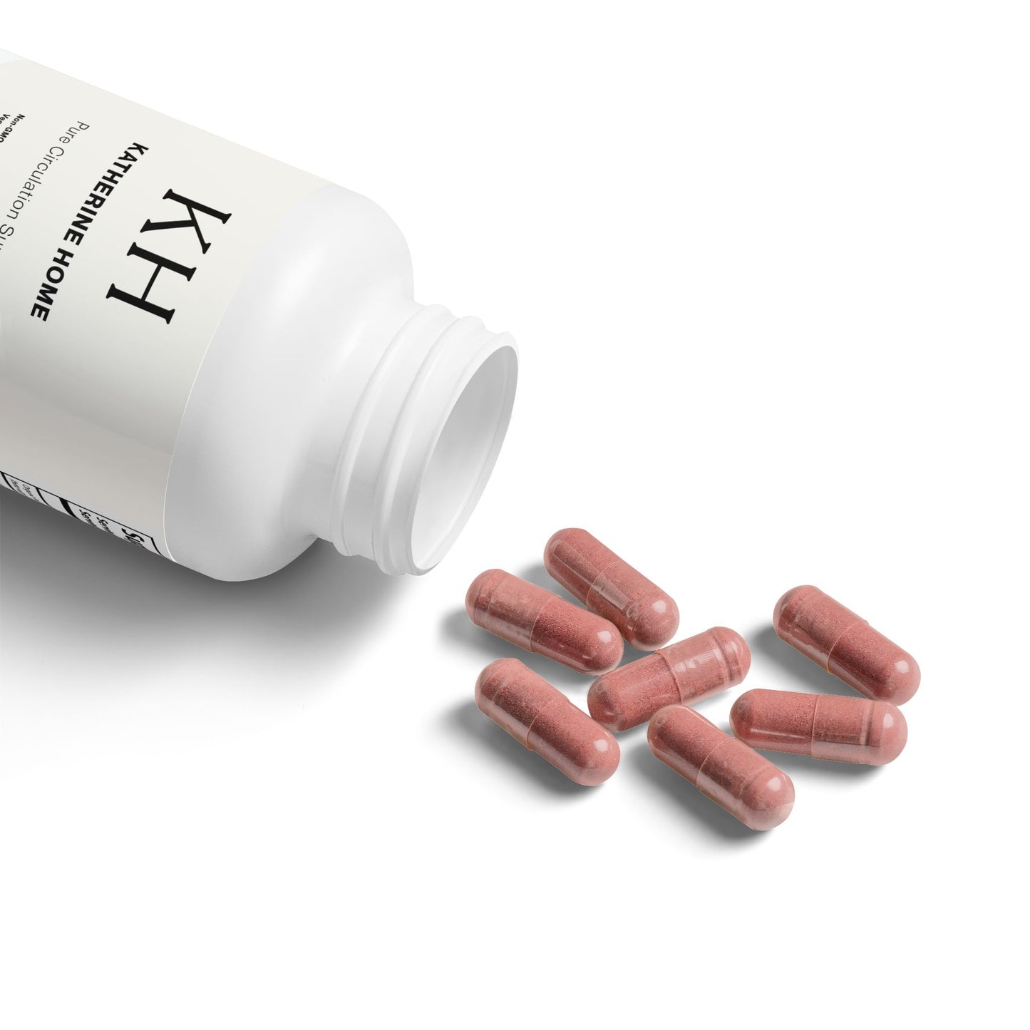 Open KH Katherine Home Beetroot Supplement bottle with visible red-toned veggie capsules and minimalist label.