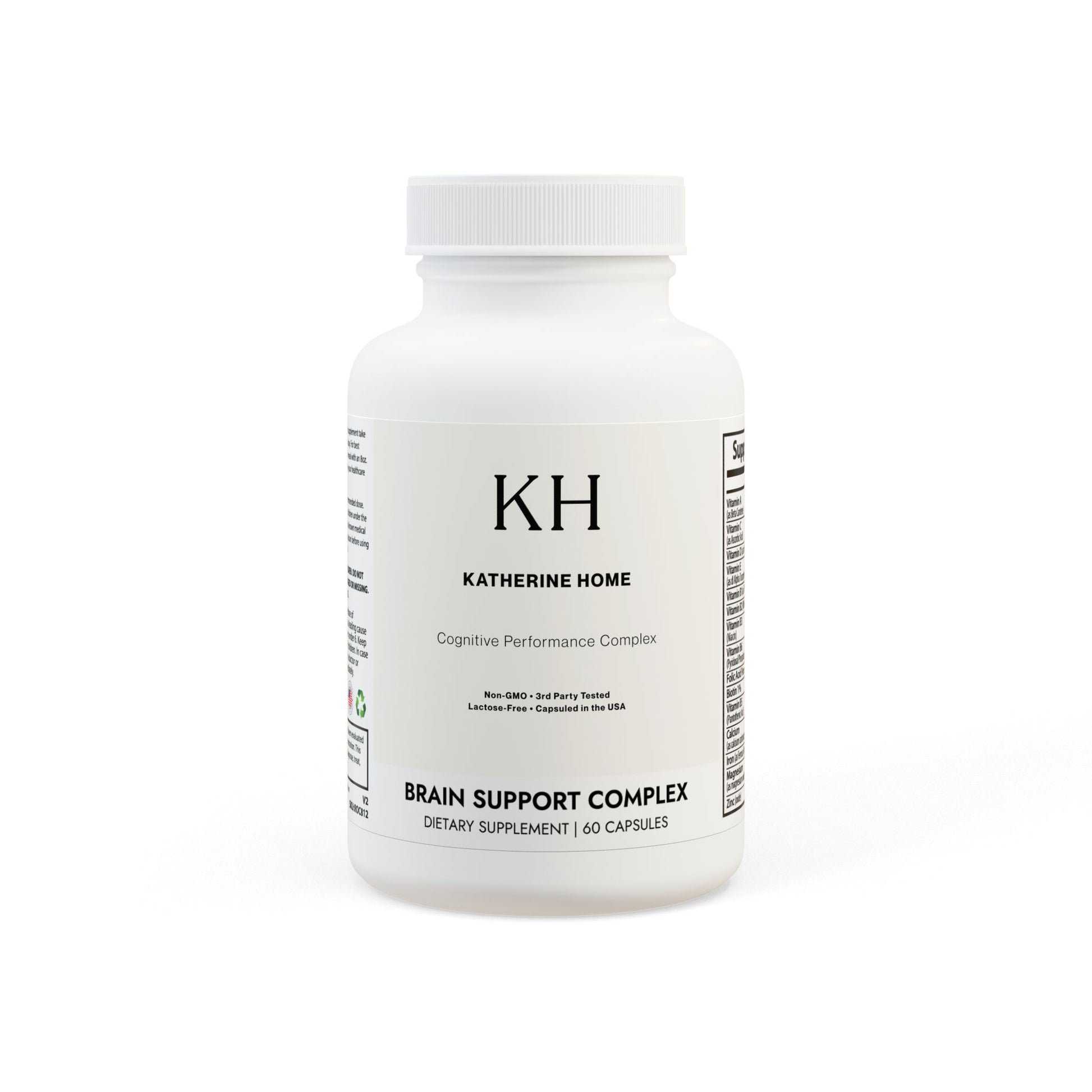 Front view of Katherine Home Brain Support Complex Supplement — minimalist white bottle with KH logo and clean black typography.