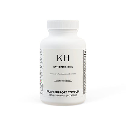 Front view of Katherine Home Brain Support Complex Supplement — minimalist white bottle with KH logo and clean black typography.