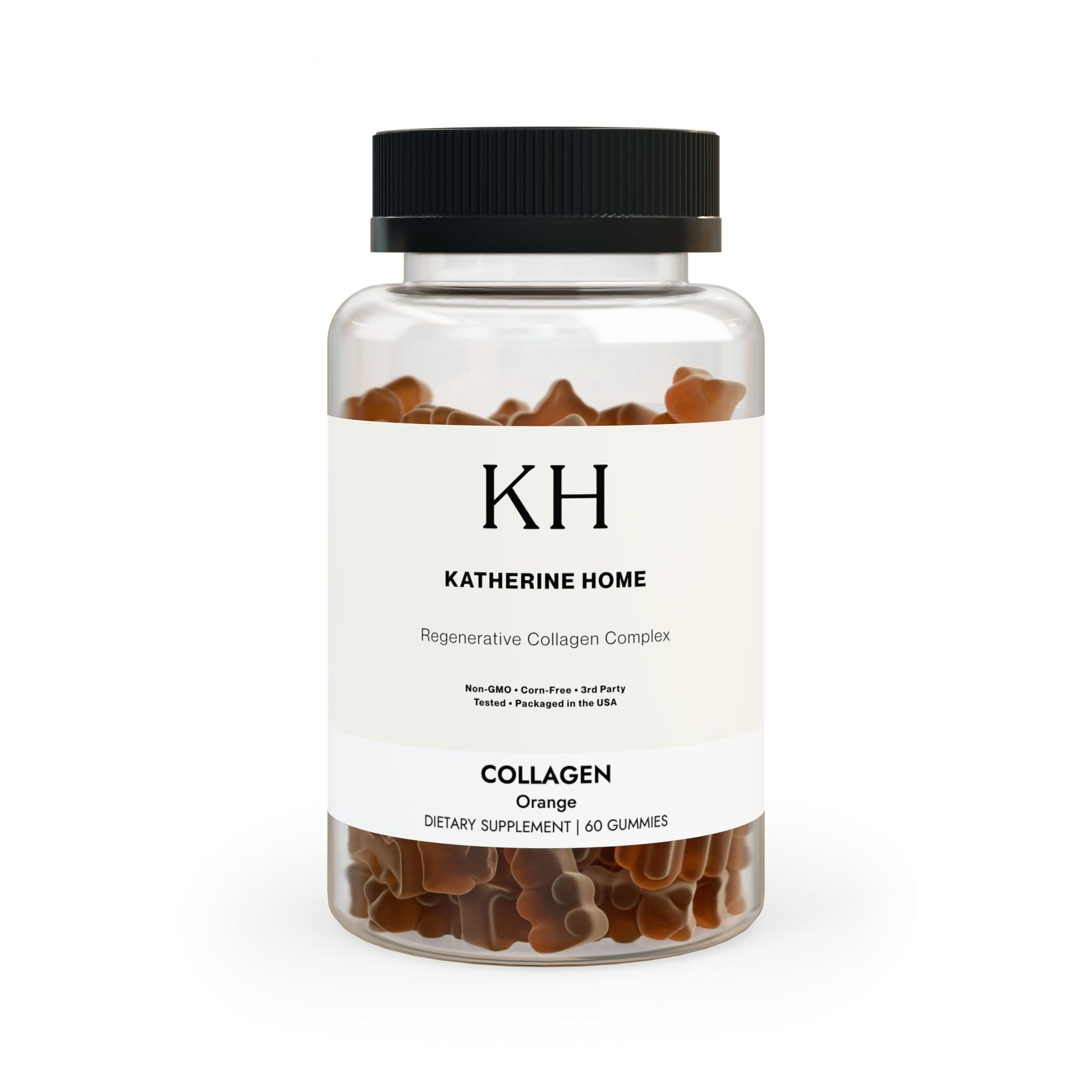Katherine Home Collagen Gummies bottle labeled “Regenerative Collagen Complex,” displayed upright with amber gummies visible through a clear jar.