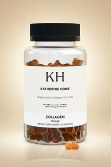 Bottle of Katherine Home collagen gummies on a beige background