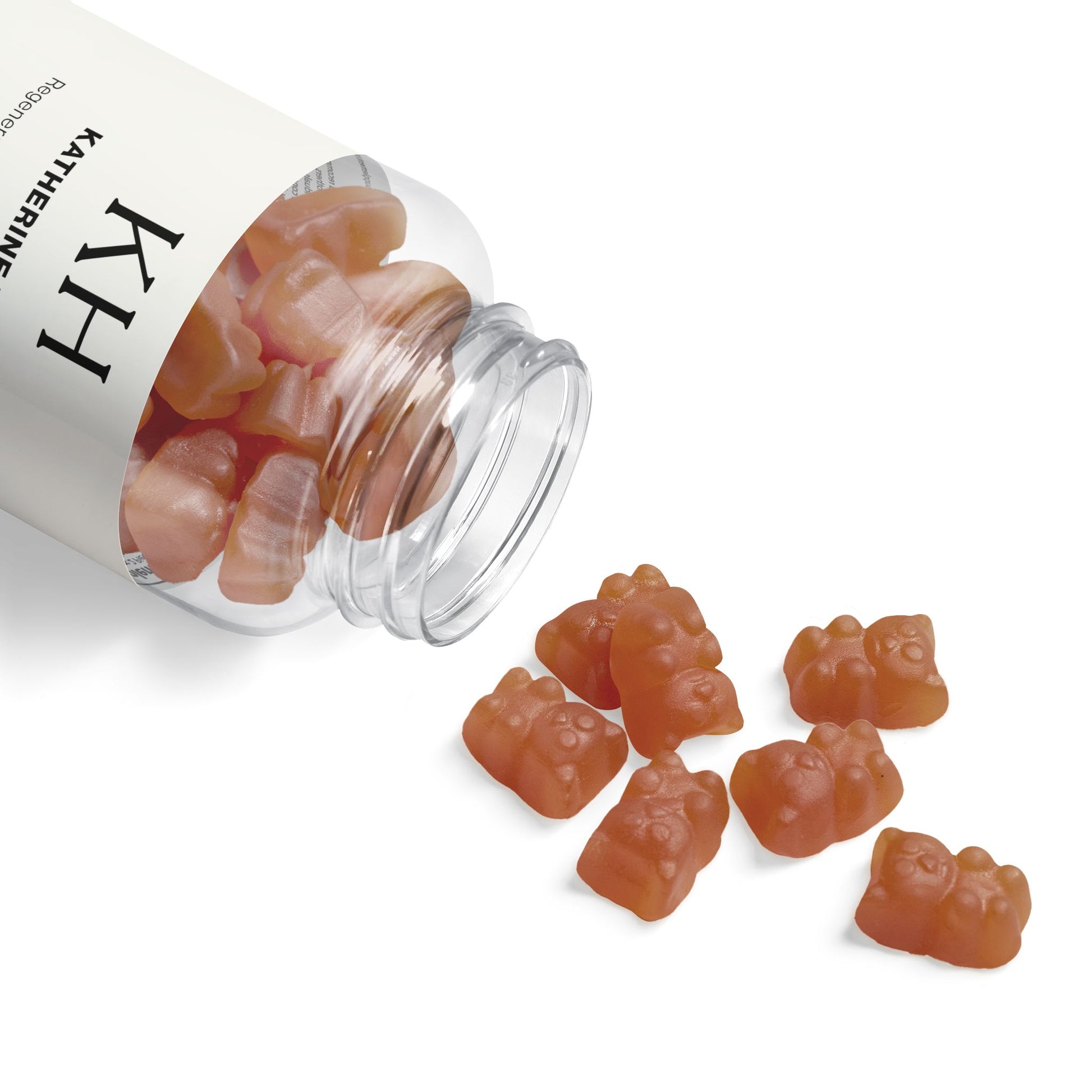 Open bottle of Katherine Home Collagen Gummies with several amber bear-shaped gummies spilling out.