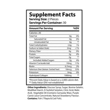Supplement Facts label for Katherine Home Collagen Gummies showing serving size, nutritional values, and ingredients including Vitamin C, Biotin, Selenium, and Hydrolyzed Collagen.