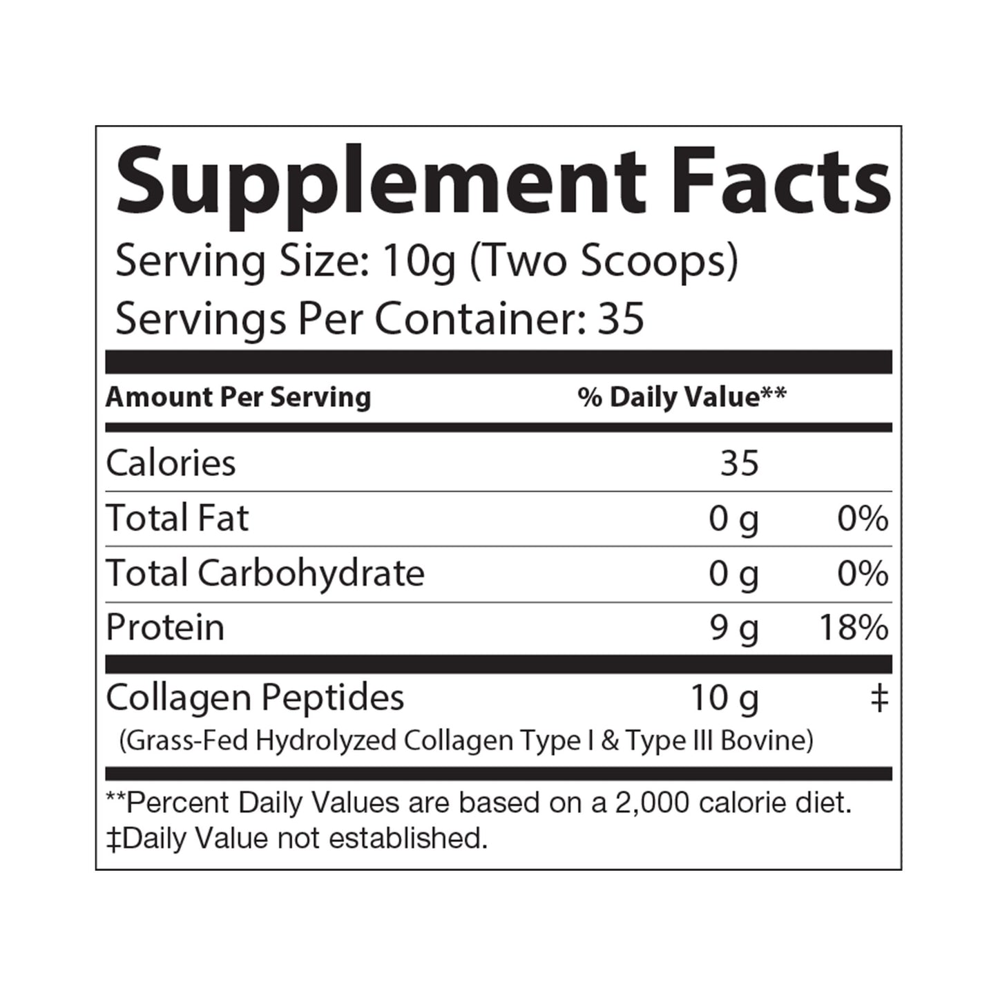 Supplement Facts label for Katherine Home Collagen Peptides showing collagen peptides Type I and III from grass-fed hydrolyzed bovine collagen.
