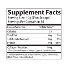 Supplement Facts label for Katherine Home Collagen Peptides showing collagen peptides Type I and III from grass-fed hydrolyzed bovine collagen.