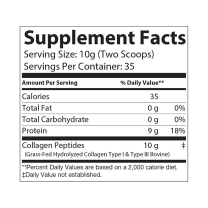 Supplement Facts label for Katherine Home Collagen Peptides showing collagen peptides Type I and III from grass-fed hydrolyzed bovine collagen.
