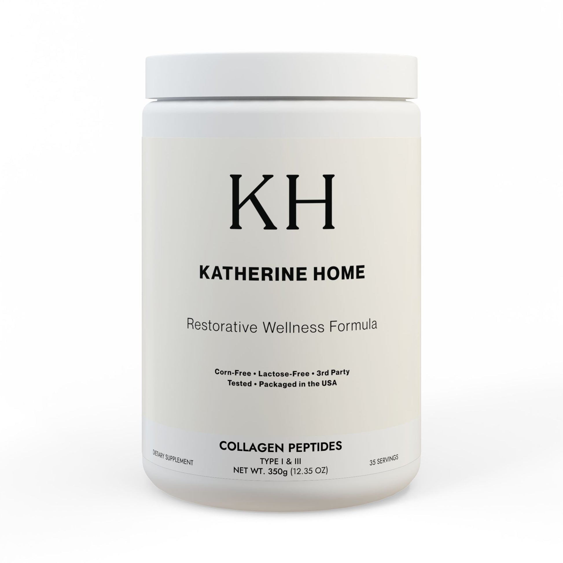 Katherine Home Collagen Peptides Type I & III Supplement with minimalist black-and-white label design on a matte black container.