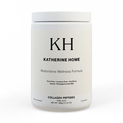 Katherine Home Collagen Peptides Type I & III Supplement with minimalist black-and-white label design on a matte black container.
