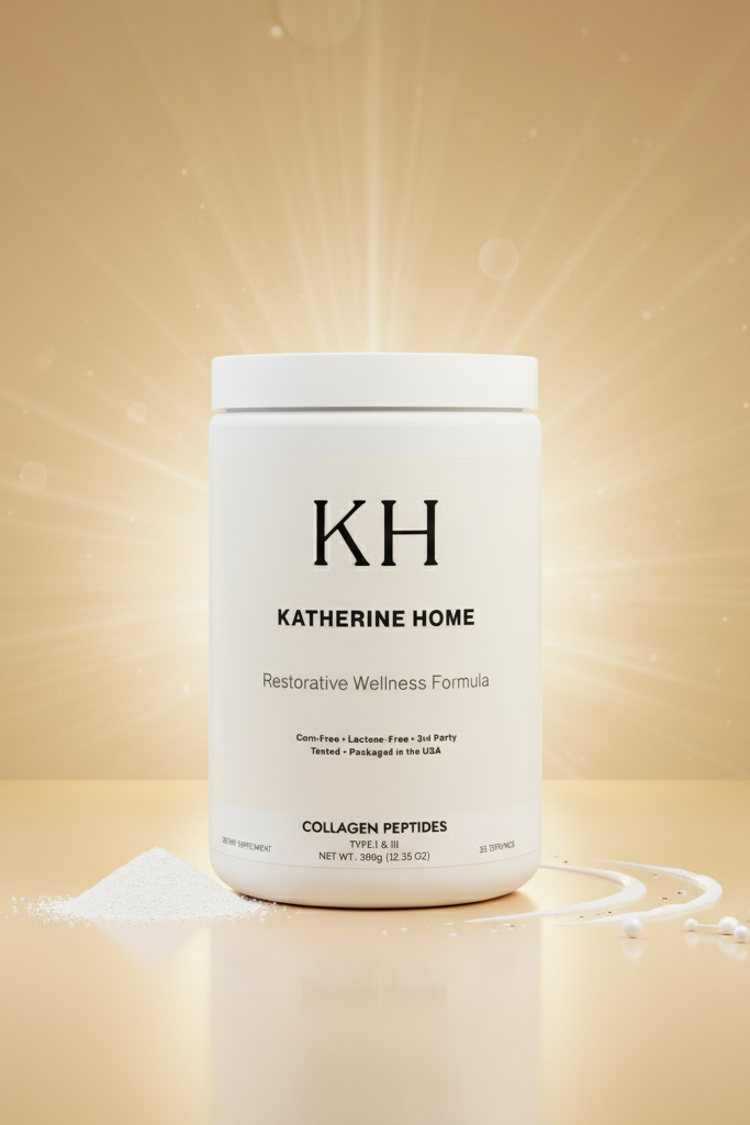 Katherine Home collagen peptides container on a beige background