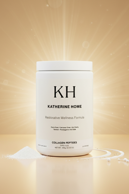 Katherine Home collagen peptides container on a beige background