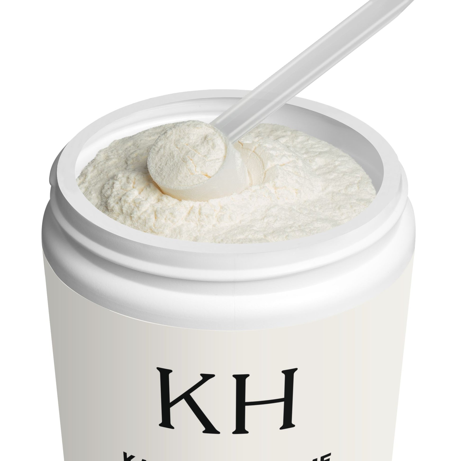 Open jar of Katherine Home Collagen Peptides powder with scoop inside matte black container.