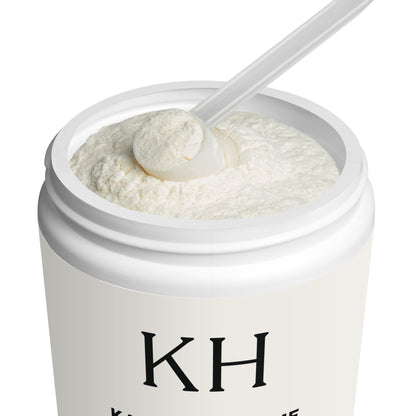 Open jar of Katherine Home Collagen Peptides powder with scoop inside matte black container.