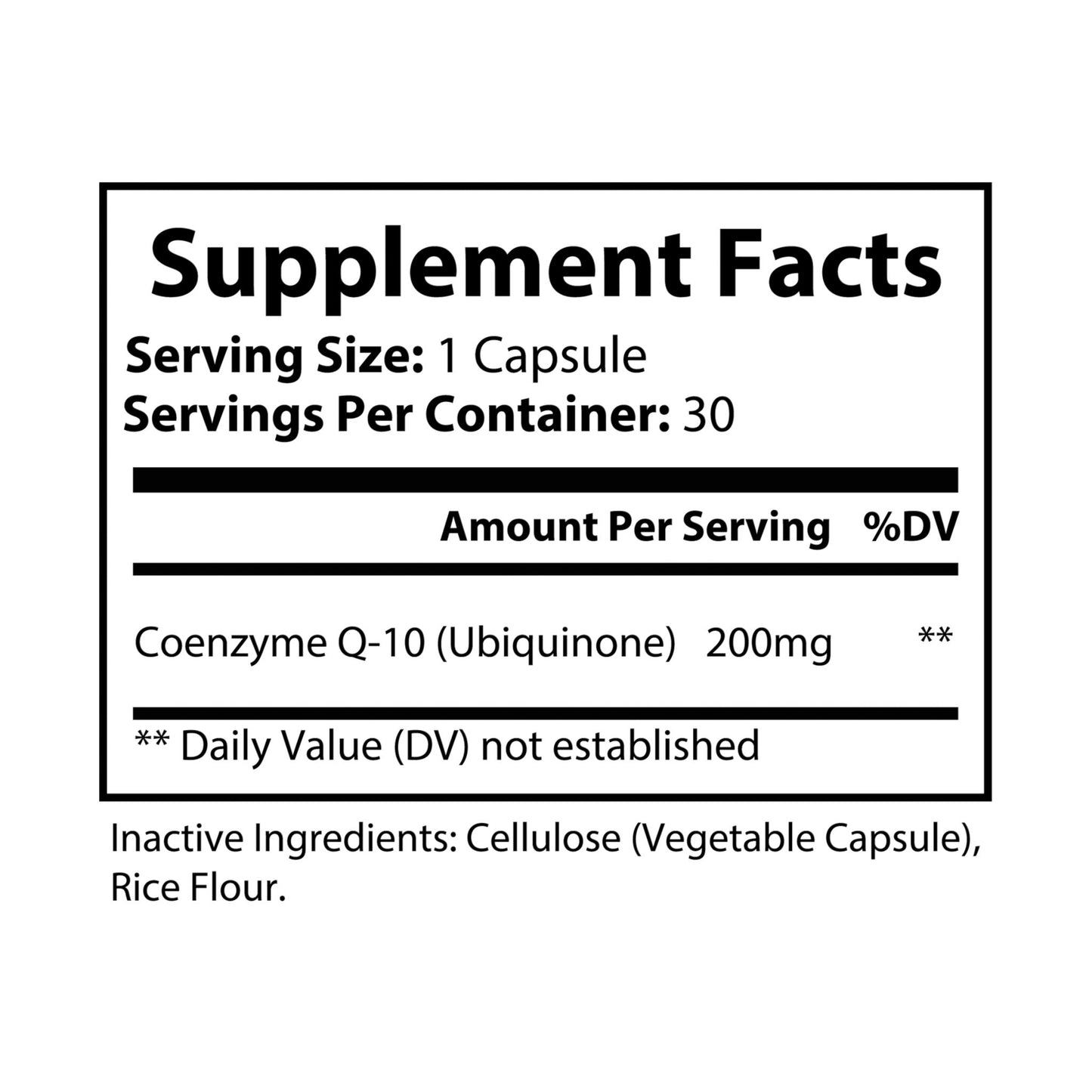 Supplement Facts label for CoQ10 (Ubiquinone) Supplement showing 200mg per capsule, 30 servings per container.