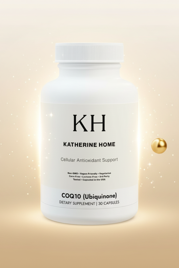 Supplement bottle labeled 'Katherine Home' on a beige background