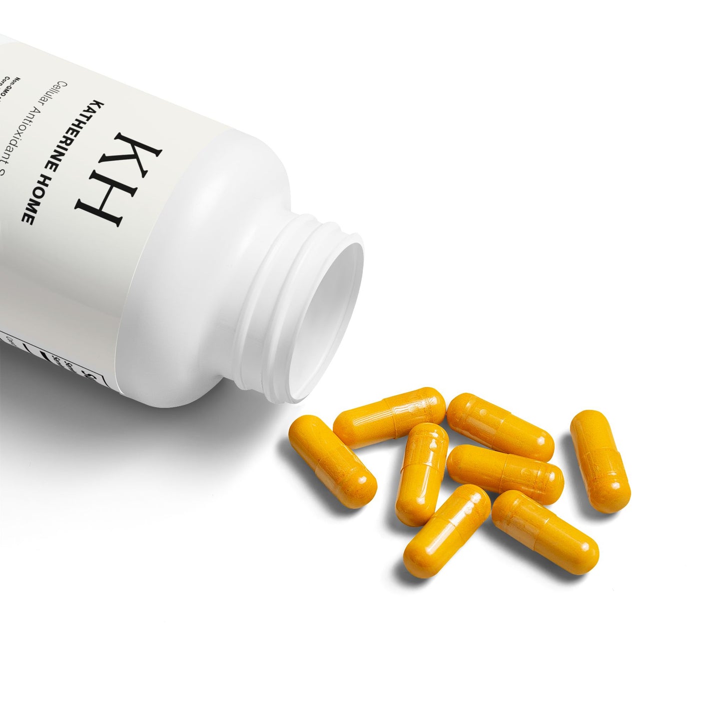 Open bottle of Katherine Home CoQ10 (Ubiquinone) capsules spilling onto surface, soft yellow capsules.