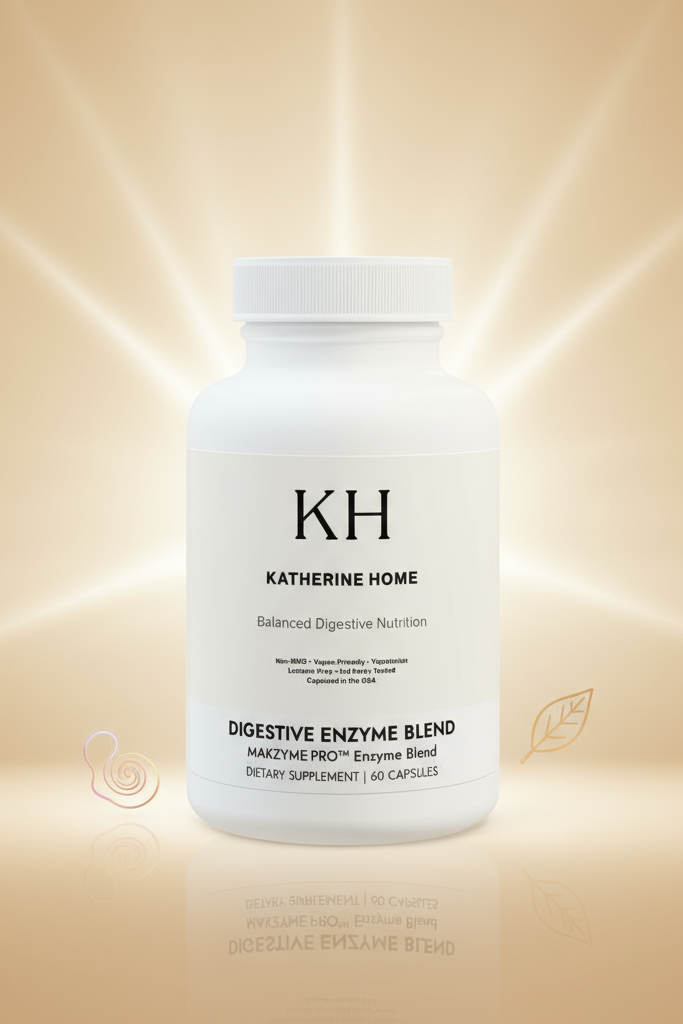 White supplement bottle labeled 'KH Katherine Home' on a beige background
