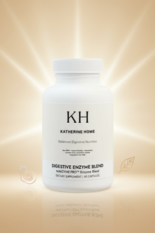 White supplement bottle labeled 'KH Katherine Home' on a beige background