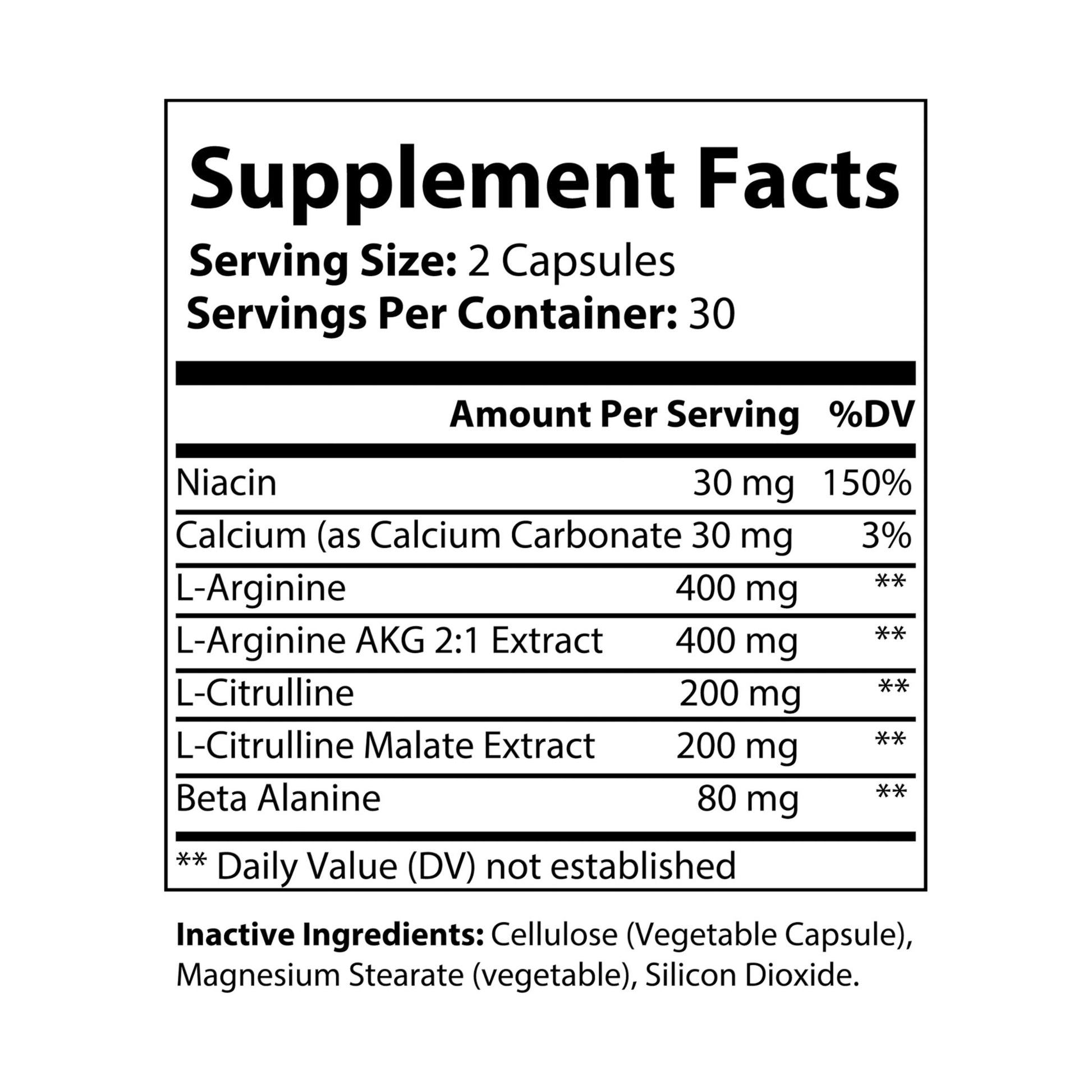 Supplement Facts label for L-Arginine Supplement showing niacin, calcium, L-arginine, L-citrulline, and beta alanine amounts per serving.