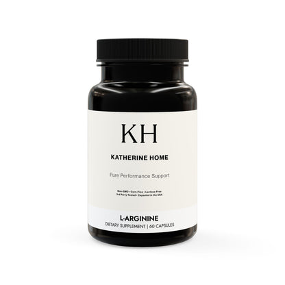 Front view of Katherine Home L-Arginine Supplement bottle with minimalist white label and black cap.