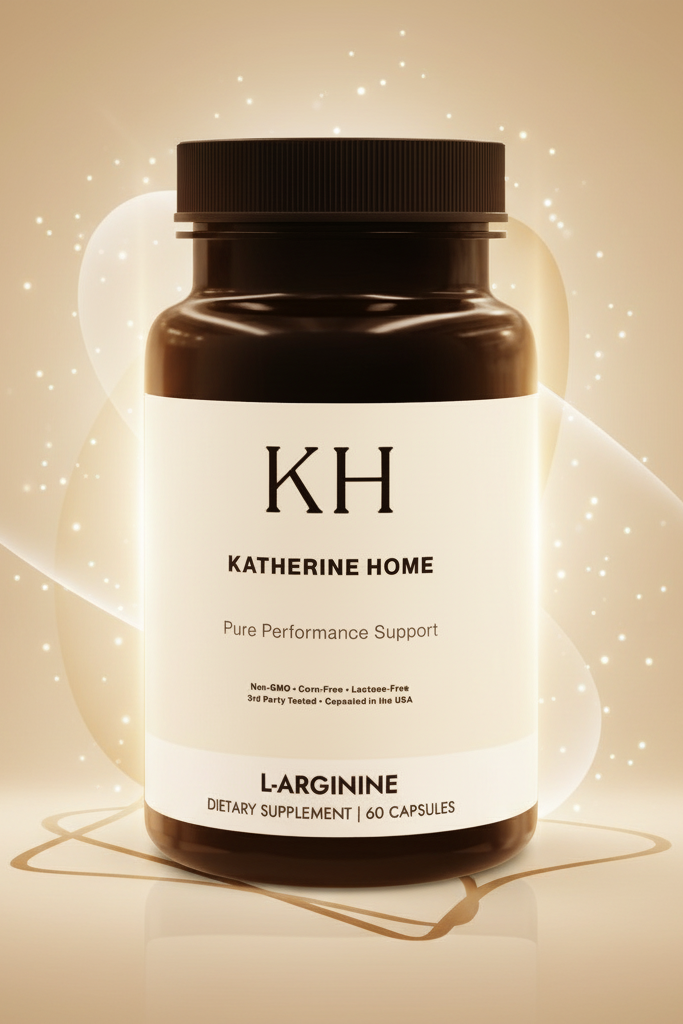 Supplement bottle labeled 'KH Katherine Home' on a beige background