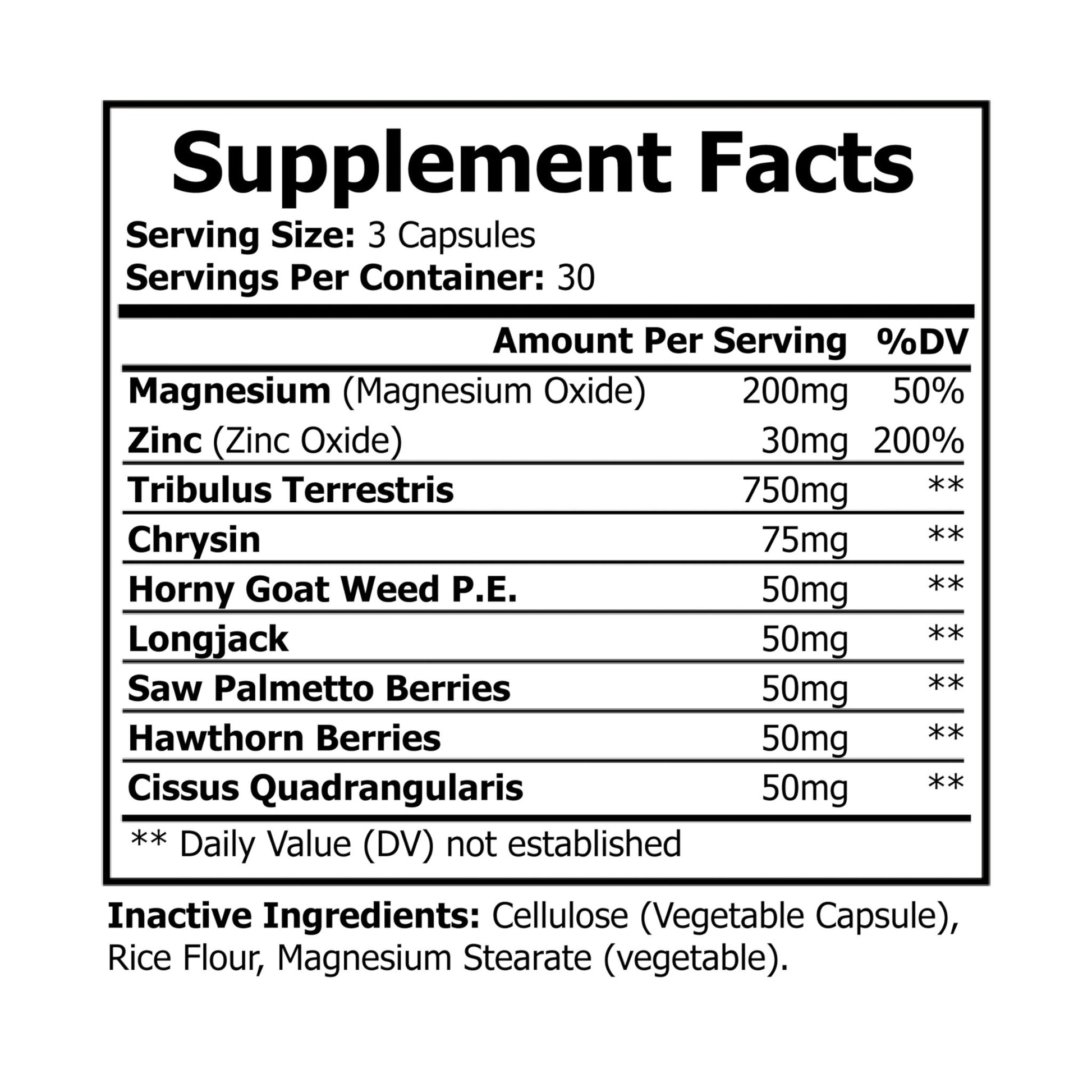 Supplement Facts label for Katherine Home Magnesium Zinc showing magnesium oxide, zinc oxide, and herbal blend including Tribulus, Longjack, and Saw Palmetto.