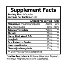 Supplement Facts label for Katherine Home Magnesium Zinc showing magnesium oxide, zinc oxide, and herbal blend including Tribulus, Longjack, and Saw Palmetto.