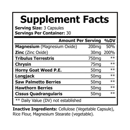 Supplement Facts label for Katherine Home Magnesium Zinc showing magnesium oxide, zinc oxide, and herbal blend including Tribulus, Longjack, and Saw Palmetto.