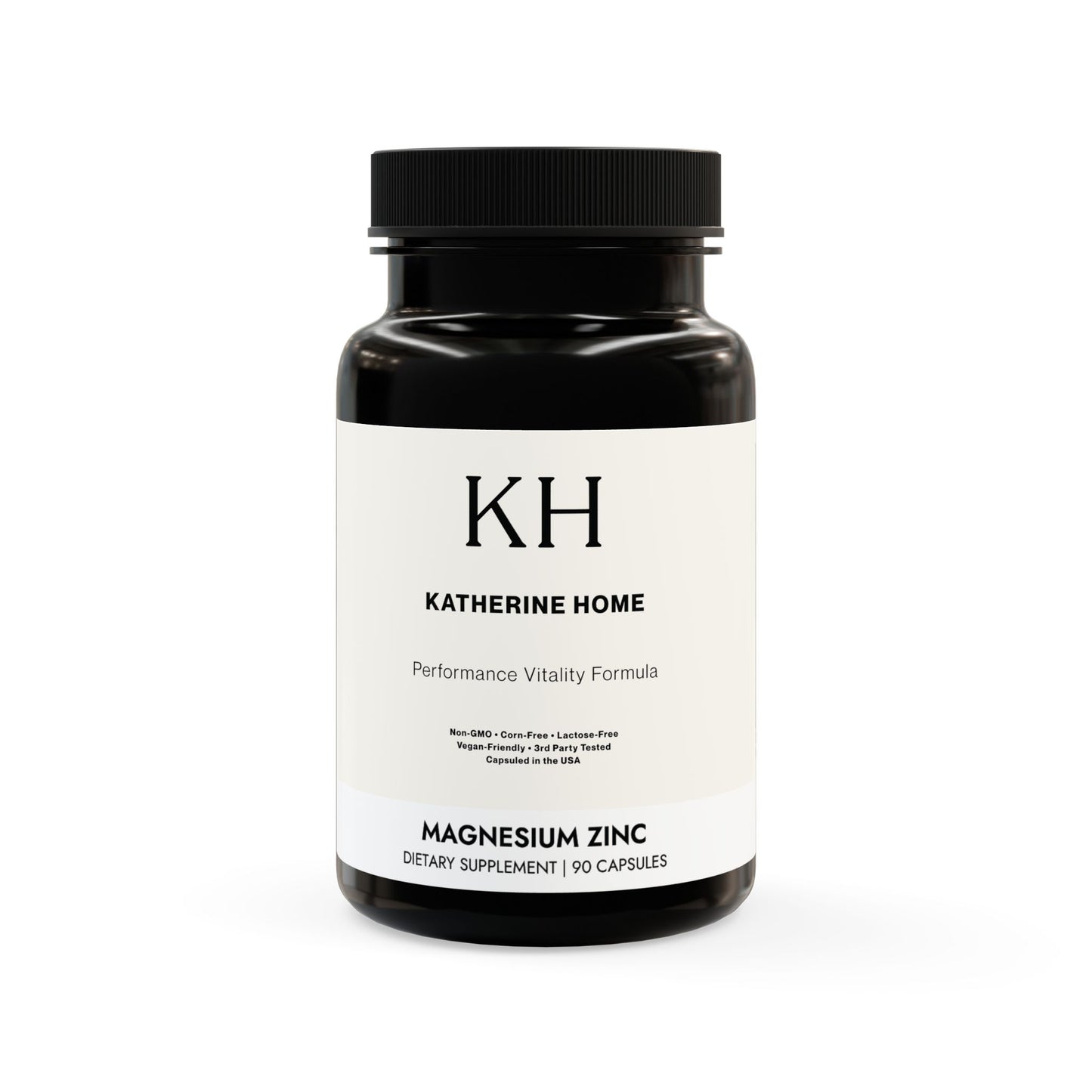 Katherine Home Magnesium Zinc Supplement with minimalist black-and-white label design on a matte black bottle.