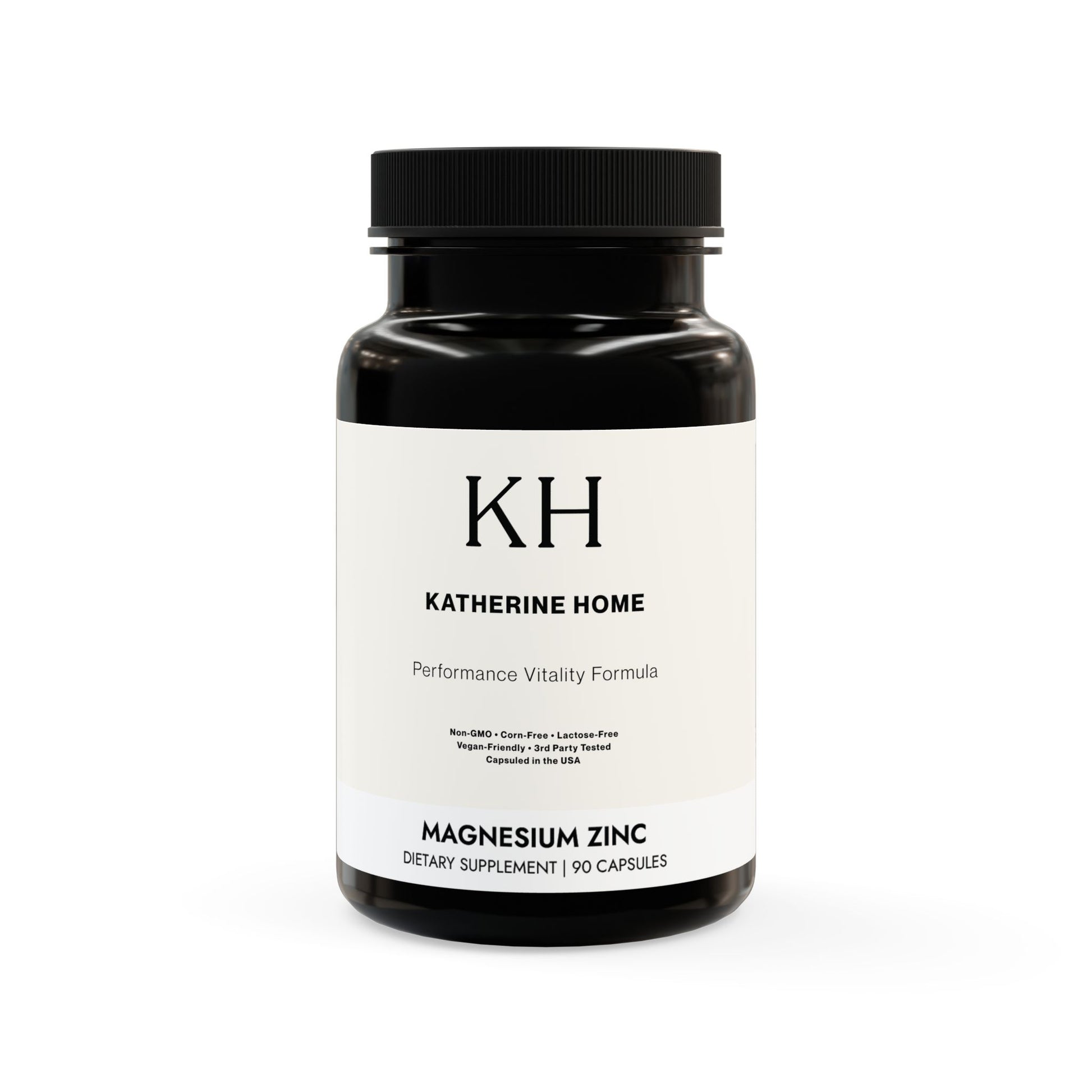 Katherine Home Magnesium Zinc Supplement with minimalist black-and-white label design on a matte black bottle.