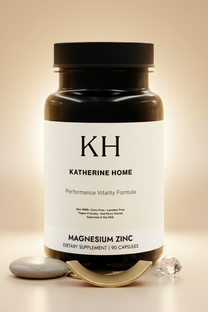 Supplement bottle labeled 'KH Katherine Home' with a beige background