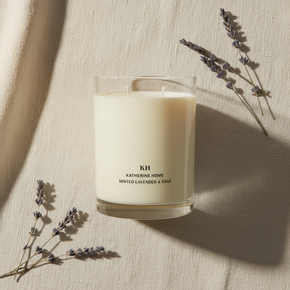 Minted Lavender & Sage soy candle with lavender sprigs, offering 65 hours of soothing fragrance for your home.