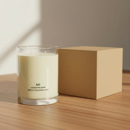 Minted Lavender & Sage soy candle on wooden surface, with box, offering a refreshing fragrance with sea salt, lavender, and mint accents.