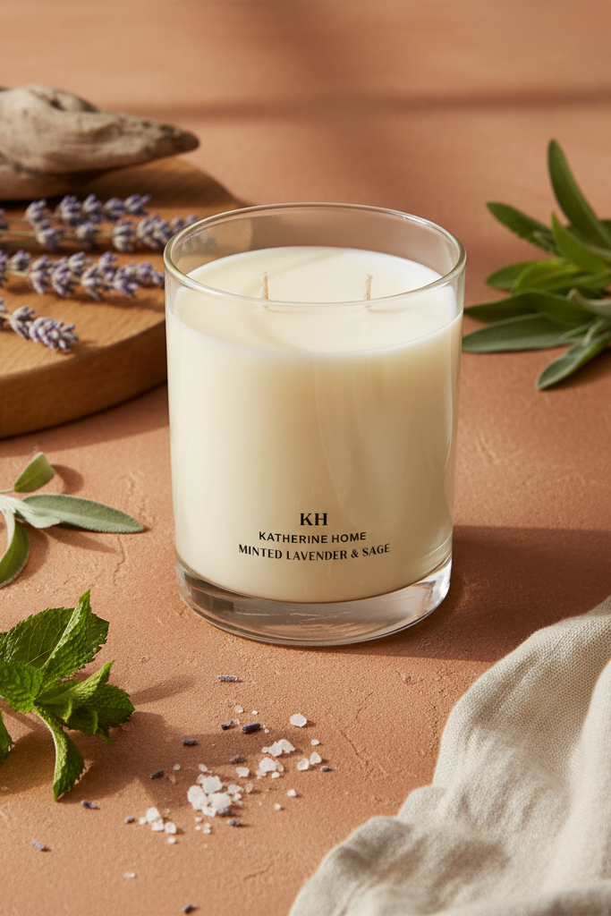 Minted Lavender & Sage soy candle surrounded by lavender, mint, and white sage on a rustic table.